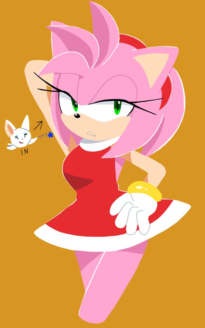 2girls amy_rose armpits bare_legs bat_(animal) bracelet chibi dress female feminine gloves green_eyes hairband half-closed_eyes highres jewelry legs medium_hair multiple_girls pink_fur pink_hair possessed possession red_dress rouge_the_bat sakura_2739 seducing_viewer sega serious smile sonic_(series) sonic_the_hedgehog_(series) white_fur white_hair
