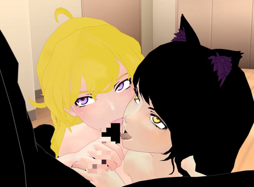1boy 2girls bisexual_female black_hair black_hair_female black_silhouette blake_belladonna blonde_female blonde_hair cat_ears censored_penis handjob licking_penis nude_female nude_male purple_eyes rwby theblackbirdcalls yang_xiao_long yellow_eyes