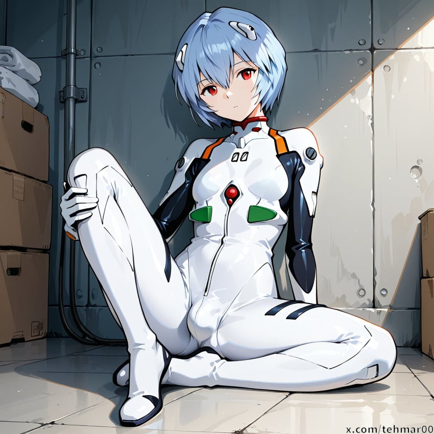 1boy ai_generated blue_hair bodysuit bulge emotionless femboy gainax genderswap_(ftm) indoors looking_at_viewer neon_genesis_evangelion red_eyes rei_ayanami rule_63 sitting_on_ground solo tagme tehmar white_bodysuit