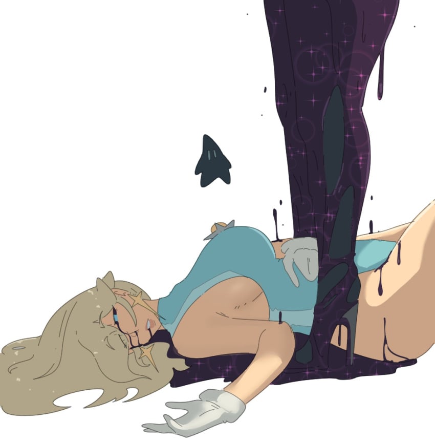 blank_expression blank_stare breasts hips leedraw11 lying lying_on_back mario_(series) princess_rosalina purple_slime sludge super_mario_galaxy transformation unconscious