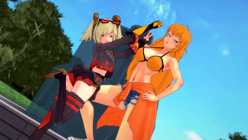 2girls bikini bikini_top blonde_female blonde_hair breasts burnice_white cleavage clothed_female crossover half-dressed half_naked long_hair long_hair_female muffin_fox9 pose posing purple_eyes red-tinted_glasses robotic_arm rwby twintails yang_xiao_long zenless_zone_zero