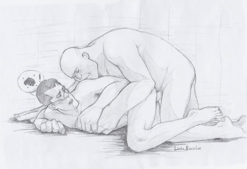 anal anal_sex blush doggy_style gay gay_sex graphite_(medium) heavy_weapons_guy medic_(team_fortress_2) monochrome nude penis penis_in_ass rasielius team_fortress_2 traditional_media_(artwork) yaoi