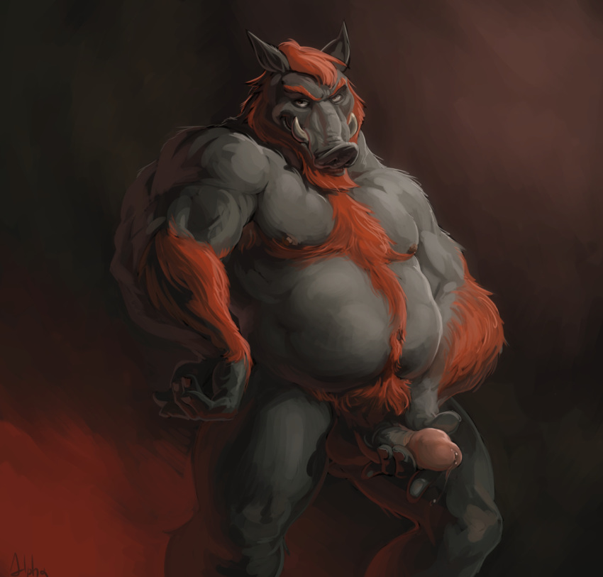 alpha0 andrew anthro balls biceps big_muscles boar chest_tuft chubby dripping erection furry hairy happy_trail humanoid_penis looking_at_viewer male male_only musclegut muscles nude penis porcine precum pubes solo standing tuft