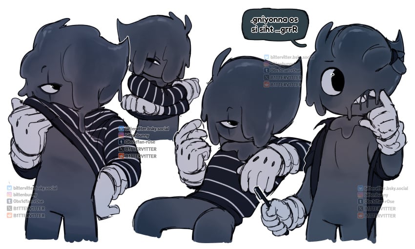 1boy 2025 black_body black_shirt blot_(dandy&#039;s_world) crossed_arms dandy&#039;s_world dandys_world digital_drawing_(artwork) digital_media_(artwork) gloves hi_res ink ink_drip lifting_shirt male male_only mime no_pants no_visible_genitalia one_eye_covered one_eye_open safe safe_for_work sfw simple_background small_body soft_body striped_shirt teeth_showing white_background white_gloves