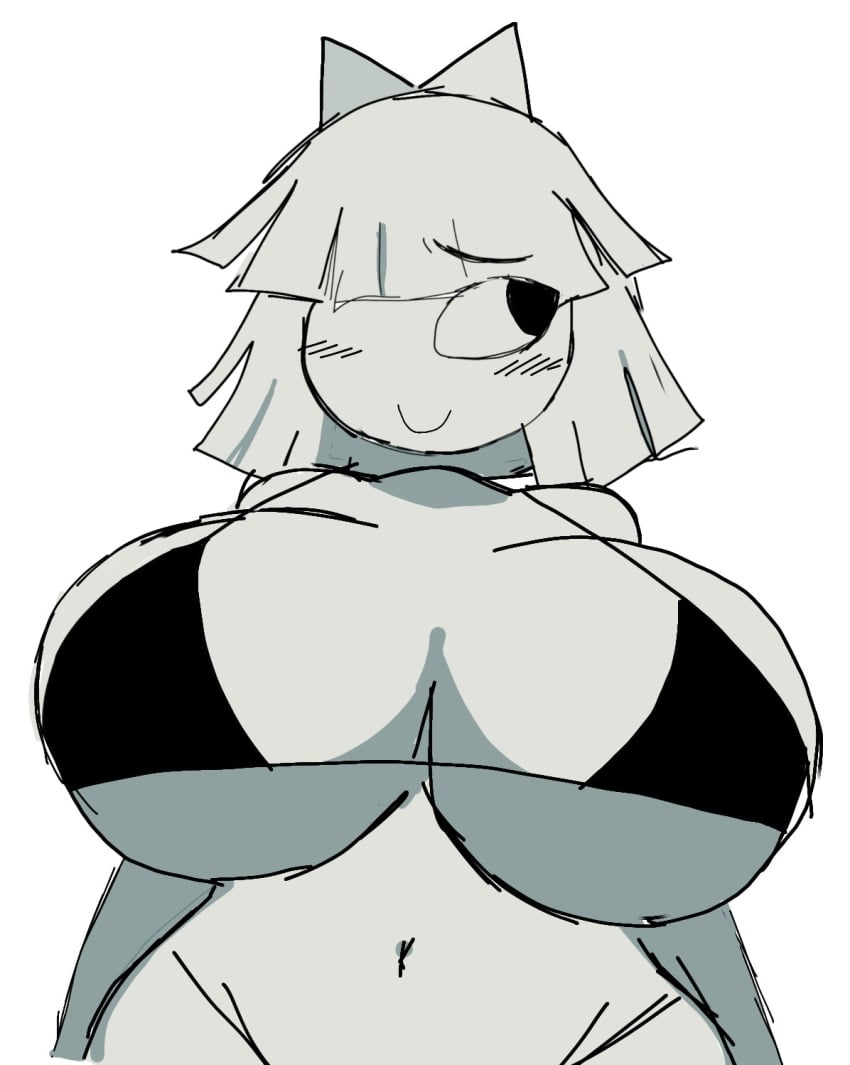 big_breasts big_hips black_bikini blush claire_(fundamental_paper_education) fpe fundamental_paper_education momiji_(artist) nervous_smile one_eye_closed short_hair smiling student waist white_background white_body white_hair white_skin