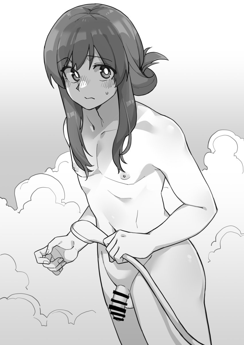 1boy absurdres akizakura_iori balls bar_censor blush censored cloud collarbone cowboy_shot foreskin greyscale highres ikemen_joshi_to_josou_danshi long_hair looking_at_viewer male male_focus monochrome nude outdoors penis pointless_censoring sidelocks smoke solo standing steam tadd_(tatd) testicles trap uncircumcised