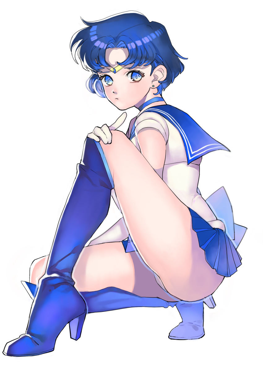 1girls ami_mizuno arutera bishoujo_senshi_sailor_moon blue_eyes blue_hair boots clothing female female_only high_heel_boots human knee_boots sailor_mercury sailor_senshi skirt solo tagme