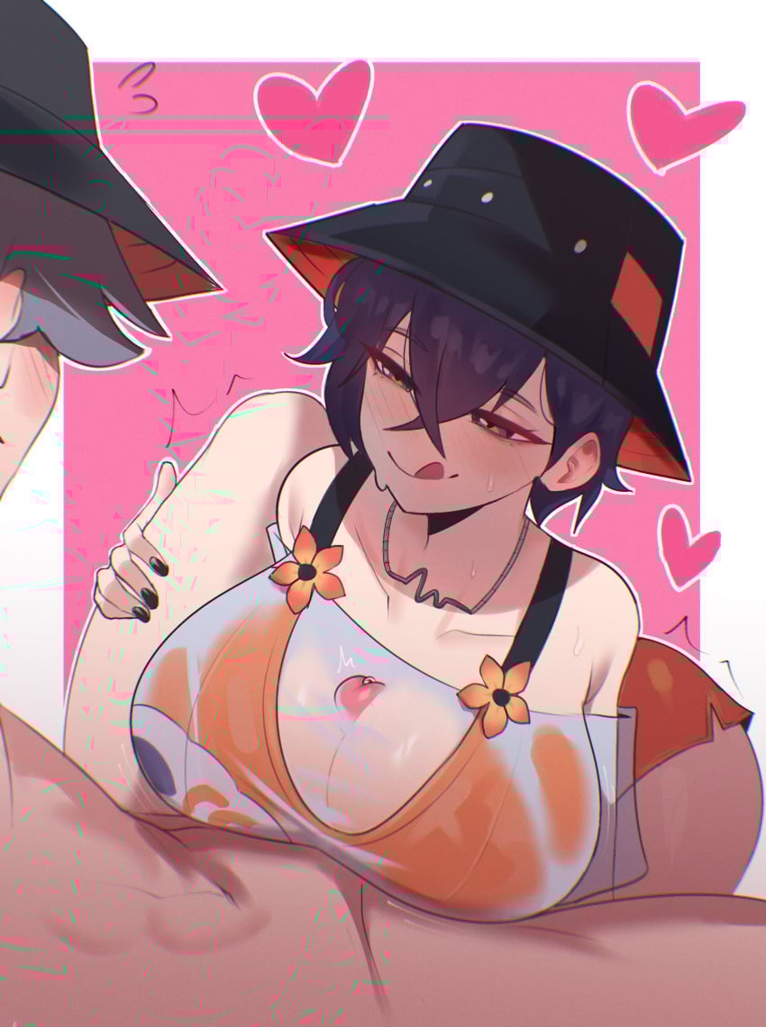1boy absurdres belle_(zenless_zone_zero) breasts breasts_squeezed_together brother_and_sister cleavage female fi_zz_ill grey_hair heart highres incest paizuri paizuri_under_clothes penis siblings straight tongue tongue_out wise_(zenless_zone_zero) zenless_zone_zero