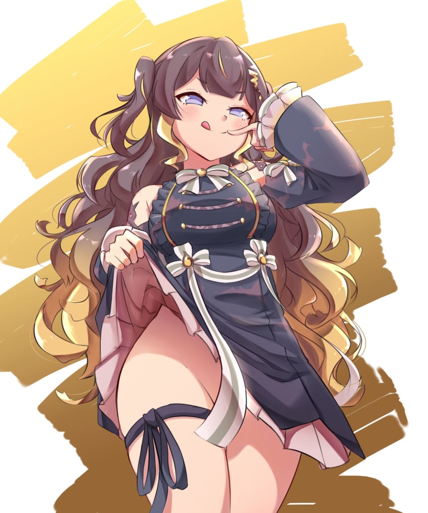 1girls anya_melfissa blonde_hair blush brown_hair dress_lift female hololive hololive_indonesia large_breasts licking_lips no_panties pin_(user_hhmh7784) purple_eyes smilg smug teasing thighs tongue tongue_out wide_hips