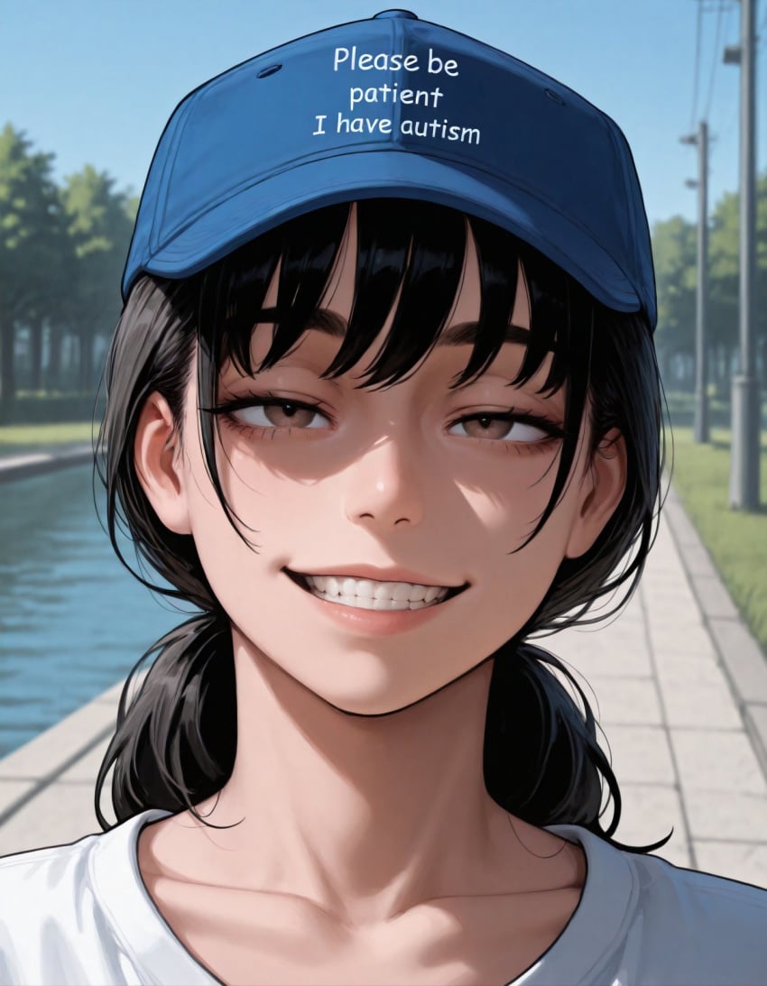 1girls ai_generated black_hair blue_cape brown_eyes cape chainsaw_man clothed clothed_female clothes_writing collarbone english_text female female_only mitaka_asa outdoors sfw smile sogo solo solo_female t-shirt teeth text text_on_clothing upper_body