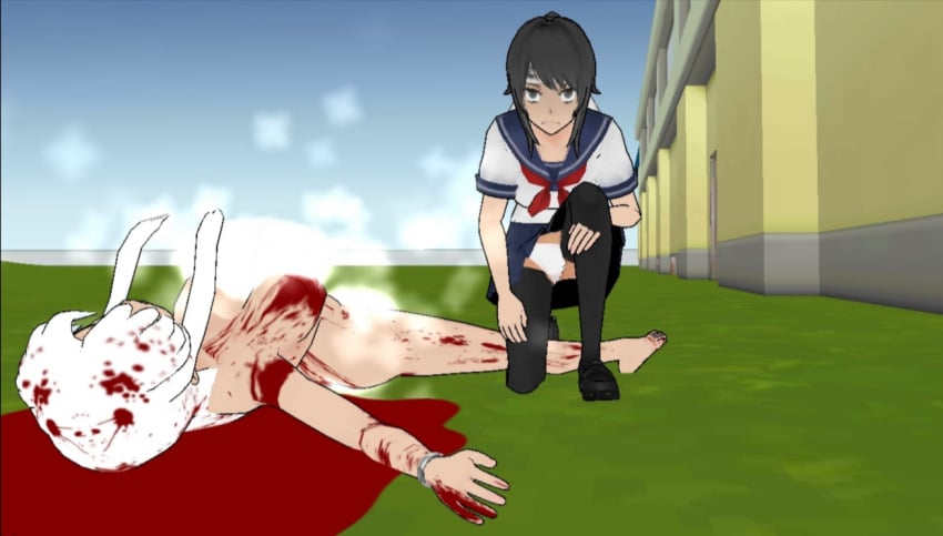 2girls 3d akari_oborodzuka ayano_aishi barefoot black_hair black_shoes black_thighhighs blood blood_on_body blood_on_breasts blood_stain blossomtea blue_sailor_collar bracelet breasts collared_shirt convenient_censoring crossover crouching death full_body grass grey_bracelet grey_eyes large_breasts laying_on_grass long_hair masa_works_design neckerchief nude oni_to_kitsune_no_hanashi outdoors panties pantyshot ponytail red_neckerchief sailor_collar school_uniform self_upload serafuku shoes steam_censor thighhighs underwear white_hair white_panties white_serafuku yandere_simulator