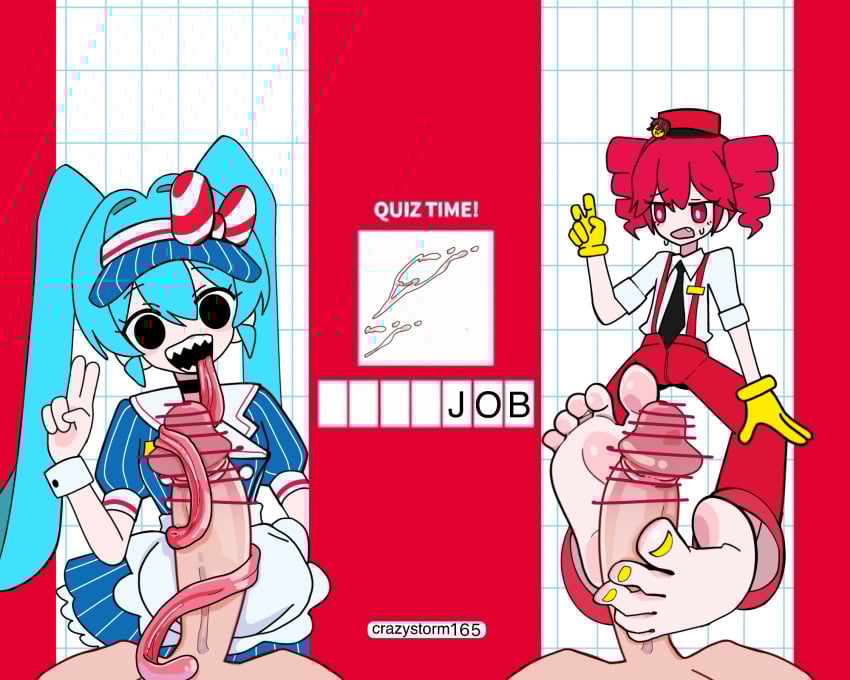 2boys 2d 2d_(artwork) 2girls black_eyes blowjob blue_hair censored censored_penis clothed clothed_female_nude_male clothing competitive competitive_sex crazystorm-165 feet female foot_fetish footjob fully_clothed hairbow hat hatsune_miku hypnosis hypnotized kasane_teto kasane_teto_(sv) long_tongue male mesmerizer_(vocaloid) mesmerizer_miku mesmerizer_teto nail_polish oral oral_sex painted_nails peace_sign penis red_eyes red_hair sex sharp_teeth simple_background soles straight synthesizer_v tongue tongue_around_penis tongue_out tongue_wrap tonguejob twin_drills twintails utau very_long_tongue vocaloid yellow_nails