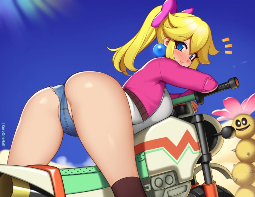 1girls ass ass_focus bent_over big_ass blonde_hair blue_eyes blue_sky bow breasts closed_mouth cloud cropped_jacket day earrings female gloves high_ponytail jacket jewelry kuroonehalf leaning_on_object looking_back mario_(series) mario_kart mario_kart_world medium_breasts motor_vehicle nintendo outdoors pink_bow pink_jacket pokey_(mario) ponytail princess_peach princess_peach_(touring) shirt sky smile thighhighs thighs white_shirt