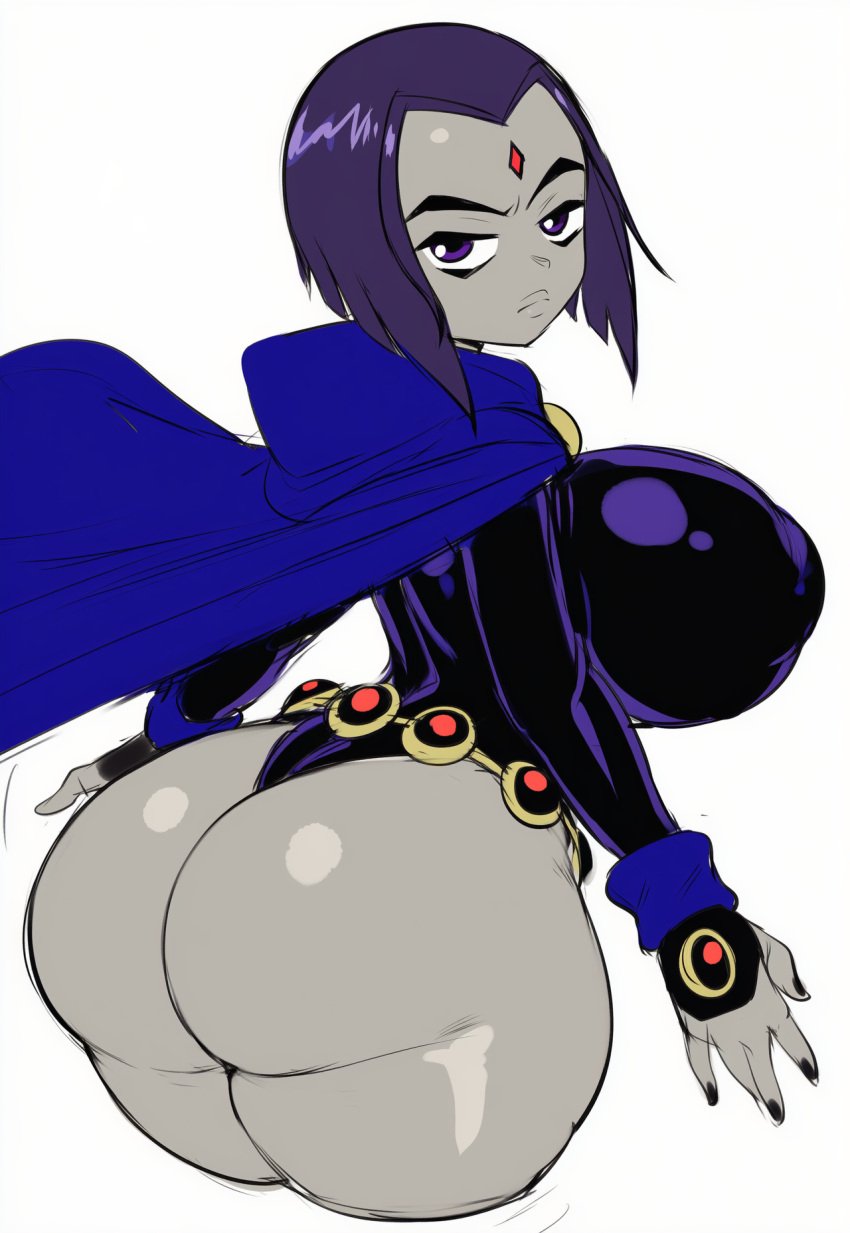 ai_generated ass ass booty dc dumptruck_ass gigantic_ass grey_body grey_impact_(style) huge_breasts lubbasdump purple_hair raven_(dc) teen_titans wide_hips