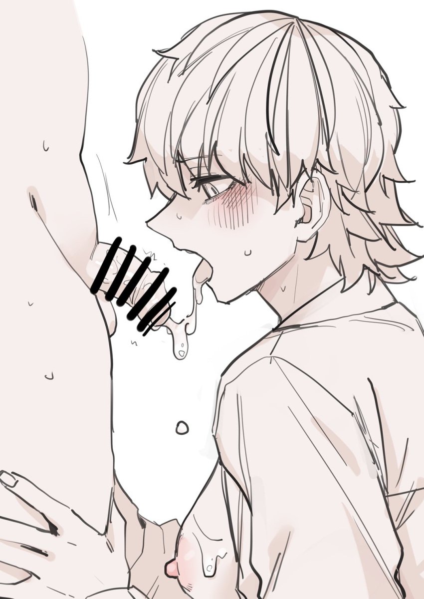 1boy bar_censor blush breasts censored cum fellatio female from_side highres ikemen_joshi_to_josou_danshi large_breasts monochrome nipples open_clothes open_mouth open_shirt oral penis reverse_trap rindou_hazuki solo_focus sweat tadd_(tatd) testicles trap