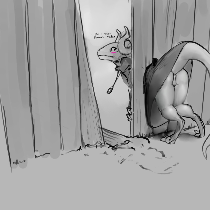 1girls accident accidental_exposure accidentally_stuck ass black_and_white dress_lift exposed exposed_anus exposed_ass exposed_pussy female female_only femsub large_ass monochrome no_panties reptile scalie skirt skirt_lift stuck stuck_in_fence tail through_wall