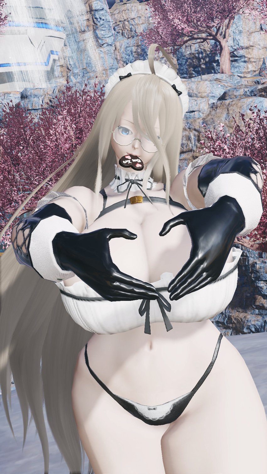 big_breasts bikini blonde_hair blue_eyes chocolate_heart heart_gesture huge_breasts looking_at_viewer maid maid_bikini maid_headdress outdoors phantasy_star phantasy_star_online_2 phantasy_star_online_2_new_genesis screenshot solo_female thick_thighs voluptuous wide_hips