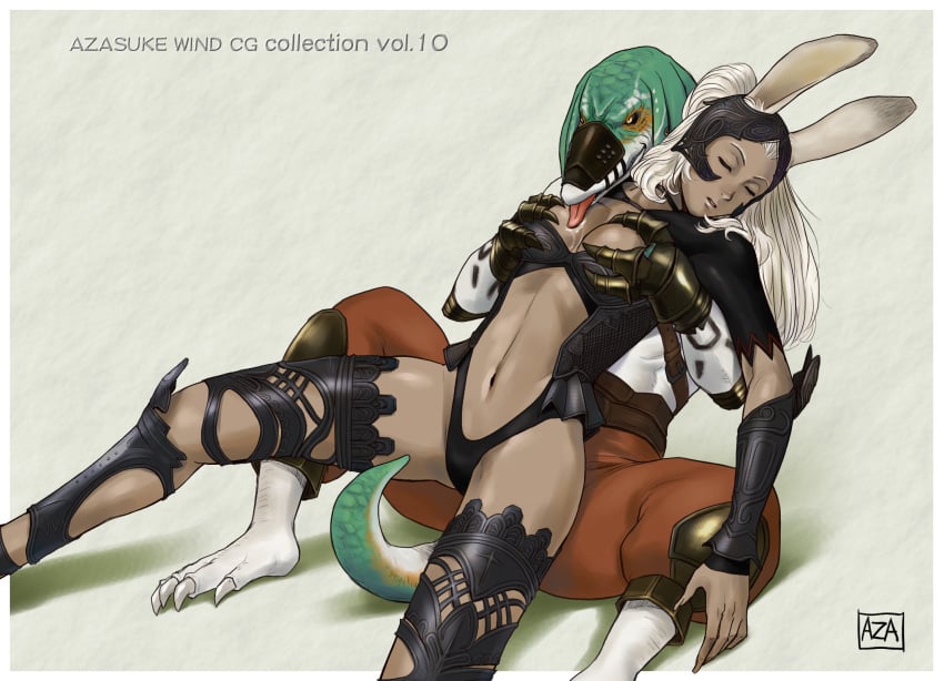 animal_ears armor azasuke ba'gamnan ba'gamnan_(ffxii) bangaa bracer bracers breast_grab breasts bunny_ears closed_eyes dark-skinned_female dark_skin female final_fantasy final_fantasy_xii fran_(ffxii) groping helmet highres humanoid leaning_back licking long_hair midriff molestation monster navel silver_hair sitting sleeping tail thighhighs tongue viera white_hair