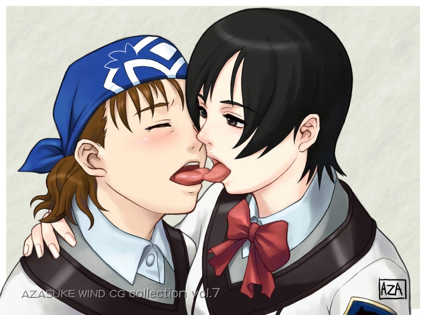 2girls :p azasuke bandana black_eyes black_hair blush bow_tie bowtie brown_hair closed_eyes female gunparade_march hara_motoko highres kissing mori_seika short_hair tongue uniform yuri