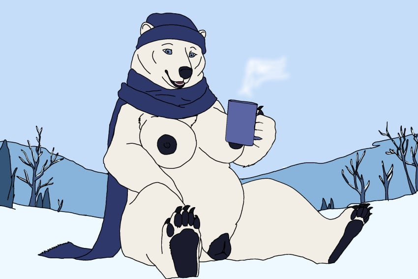 animal_genitalia animal_pussy anthro bear beverage breasts claws container cup digital_media_(artwork) feet female flat_colors fur genitals gimp_(artwork) hi_res holding_container holding_cup holding_mug holding_object looking_at_viewer mammal mug nipples nude open_mouth outside pawpads plant polar_bear pussy rapidrabbit scarf sitting snow solo toes tree ursine white_body white_fur winter winter_hat