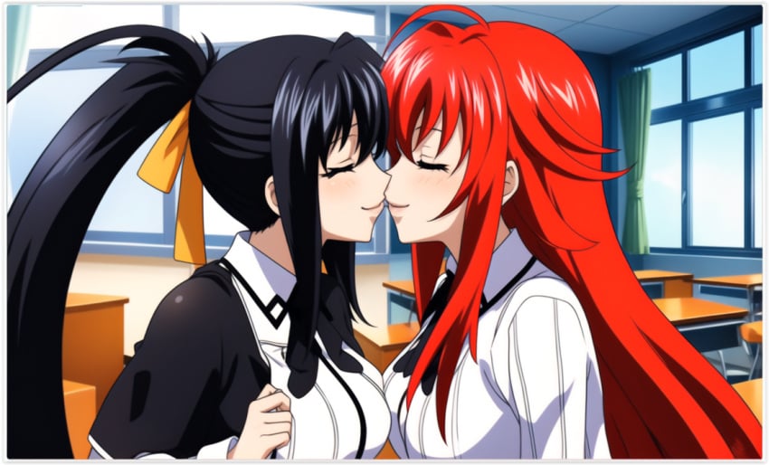 2girls ai_generated akeno_himejima flirting girl_on_girl high_school_dxd kissing lesbian_couple lesbian_kiss lovers rias_gremory yuri yuri