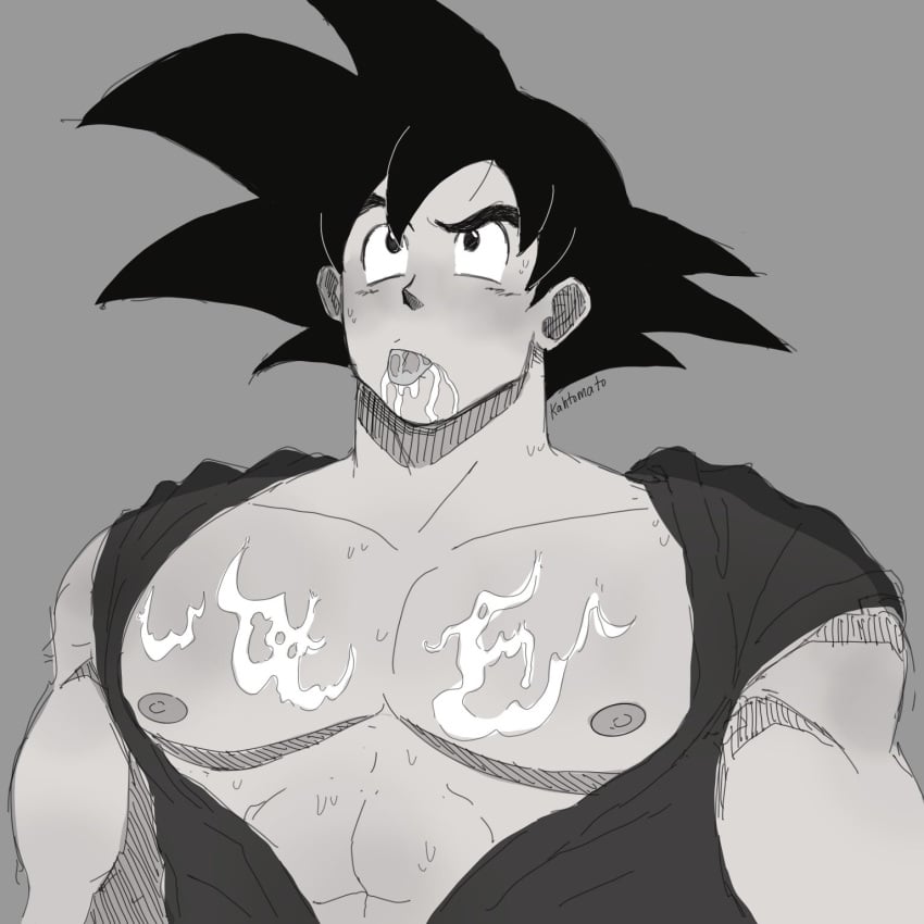 1boy 2022 artist_name bara black_hair cum cum_on_body cum_on_mouth cum_on_pectorals dragon_ball grey_background kahtomato looking_up male male_focus male_only monochrome muscular muscular_male nipples pecs pectorals simple_background solo solo_male son_goku tongue tongue_out