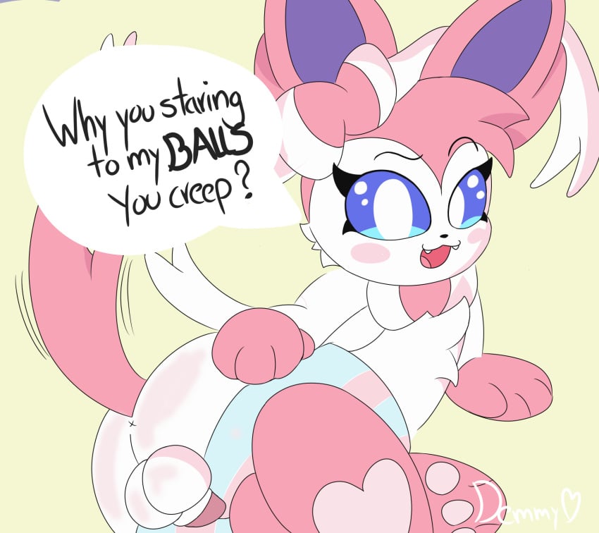 ass clothing demmy eeveelution femboy feral footwear footwear_only generation_6_pokemon genitals hi_res looking_at_viewer male mostly_nude nintendo paws penis pink_body pokemon pokemon_(species) socks socks_only solo speech_bubble sylveon tail white_body