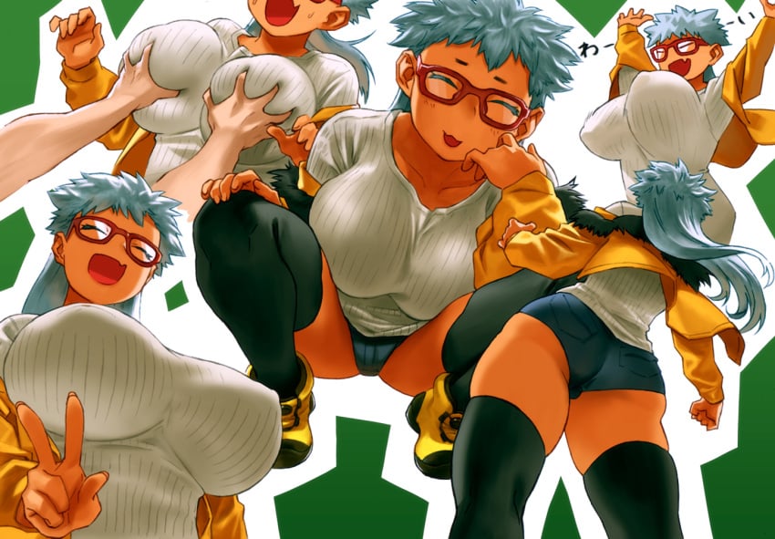 big_breasts black_leggings blue_hair breast_grab breasts_bigger_than_head cat_smile cute_fang dark-skinned_female dark_skin green_background grey_sweater hands_in_pockets huge_breasts large_breasts long_hair long_hair_female mmmikedaya narisokonai_(mmmikedaya) nipple_bulge nipples nipples_visible_through_clothing peace_sign red_glasses short_shorts simple_background smiling squatting squinted_eyes sweater thick_thighs thighs yellow_shoes