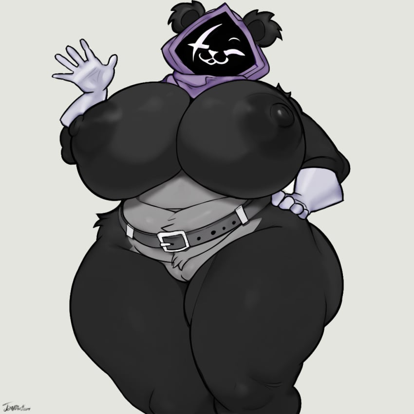 anthro bayushkit bear black_body epic_games female fortnite genitals gesture hi_res mammal pussy raven_team_leader simple_background slightly_chubby solo thick_thighs waving wide_hips