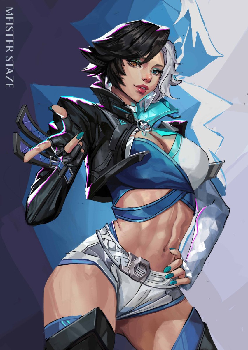 abs absurdres artist_name black_hair black_jacket black_thighhighs blue_eyes blue_eyeshadow blue_nails breasts brown_eyes cleavage colorful_background cowboy_shot crop_top eyeshadow female fingernails hand_on_own_hip hand_up heterochromia highres jacket large_breasts lips long_fingernails looking_at_viewer luna_snow luna_snow_(marvel_rivals) makeup marvel marvel_rivals meister_staze midriff multicolored_hair navel open_clothes open_jacket short_hair short_shorts shorts smile solo standing teeth thighhighs two-tone_hair white_hair white_shorts