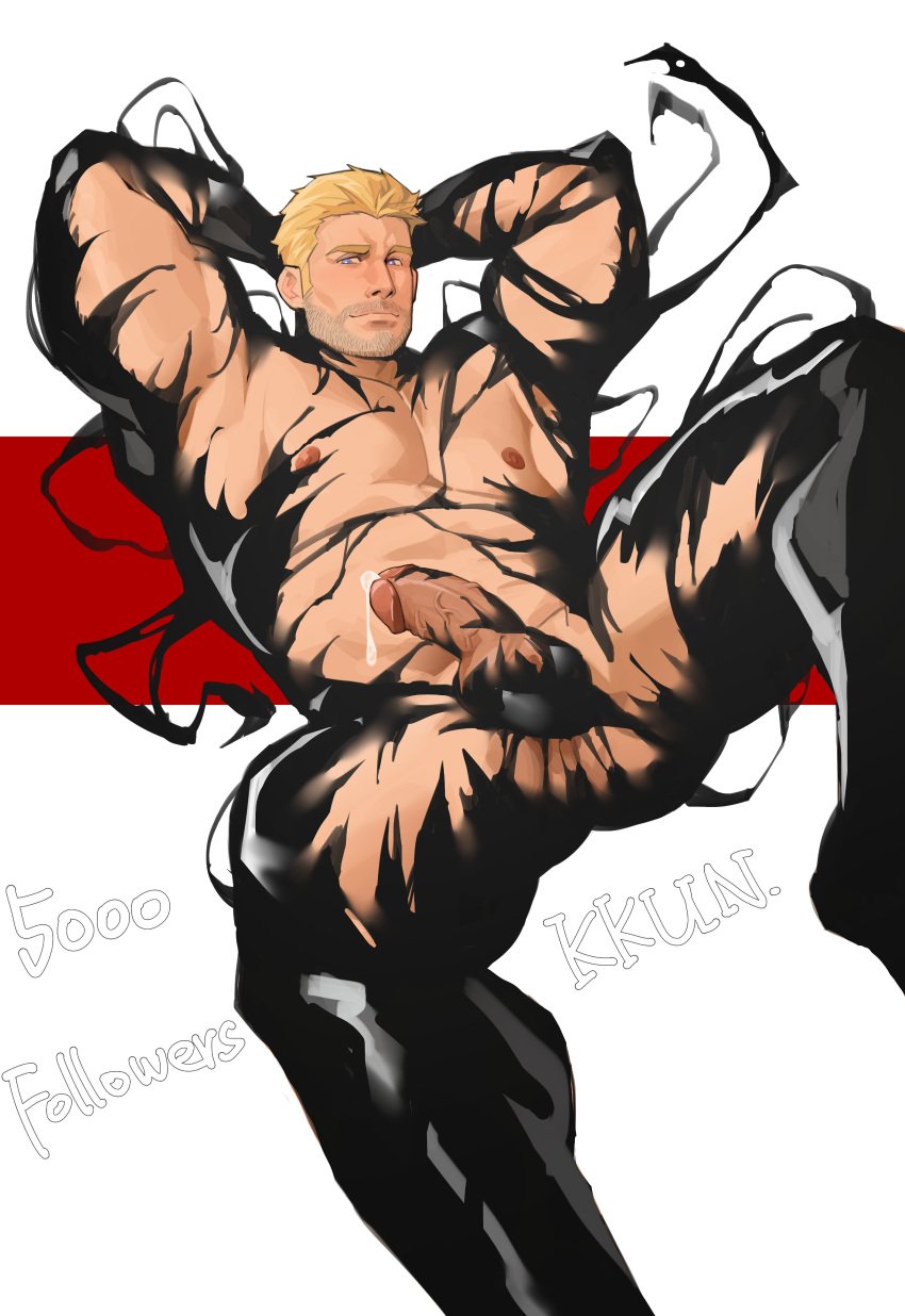 1boy abs absurdres akunaakun_(kunkun586586) armpits arms_behind_head arms_up artist_name bara beard_stubble blonde_hair blue_eyes closed_mouth completely_nude eddie_brock english_commentary erection facial_hair highres looking_at_viewer male_focus marvel muscular muscular_male nipples nude pectorals penis precum smile stubble symbiote testicles venom_(marvel)