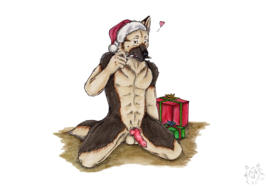 2019 animal_genitalia animal_penis anthro artist_logo balls brown_body brown_fur canid canine canine_genitalia canine_penis canis christmas christmas_clothing christmas_headwear clothing dated domestic_dog erection front_view fur genitals german_shepherd gift hat headgear headwear heart_symbol herding_dog holidays kneeling knot kola_(artist) logo looking_at_viewer male mammal mostly_nude orange_eyes pastoral_dog penis red_penis santa_hat simple_background solo tan_balls white_background white_body white_fur