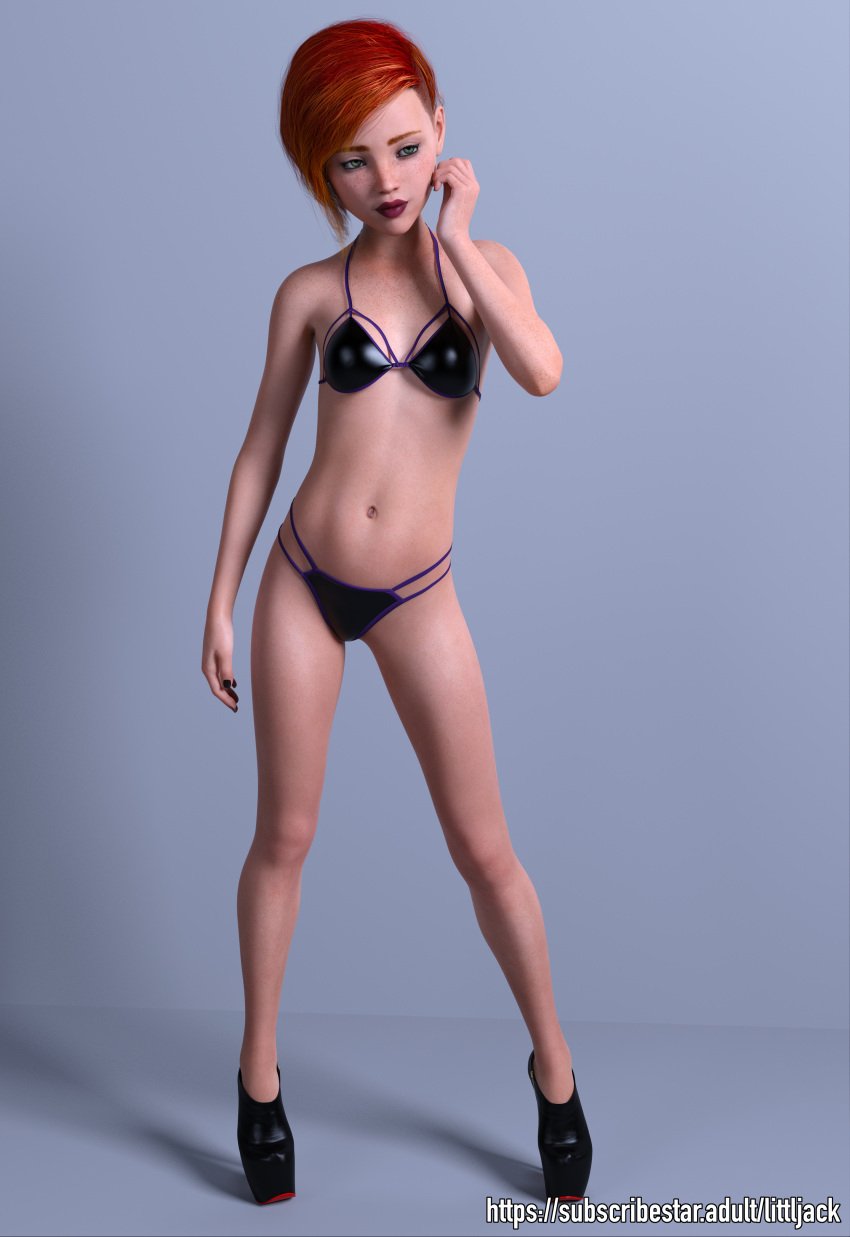 3d 3d_(artwork) 3d_model 3d_render bikini freckles freckles_on_breasts freckles_on_chest freckles_on_face green_eyes heels high_heels latex lipstick littljack makeup nail_polish navel red_hair shiny_clothes small_breasts smiling