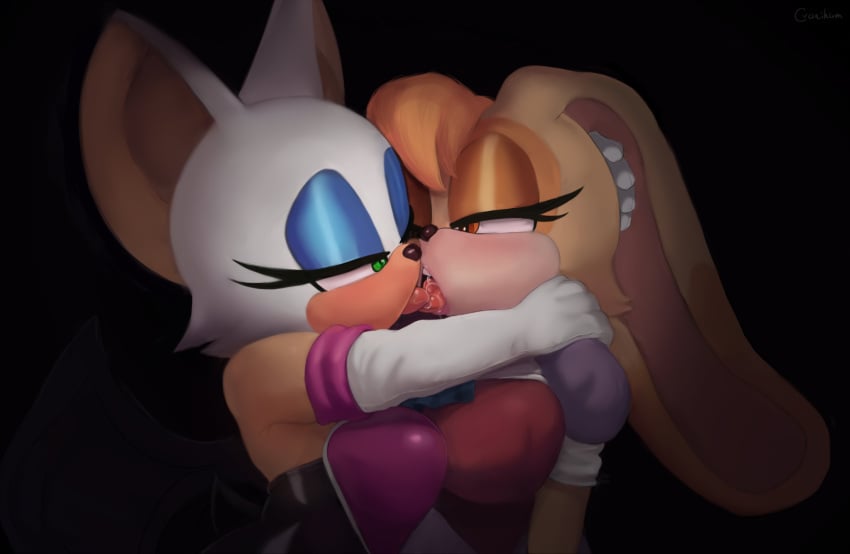 2d 2girls bat black_background clothed clothed_female cranihum elbow_gloves female female_only kissing lesbian_kiss open_mouth rabbit rabbit_ears rouge_the_bat sega sonic_(series) tagme tongue_kiss tongue_out vanilla_the_rabbit yuri yuri