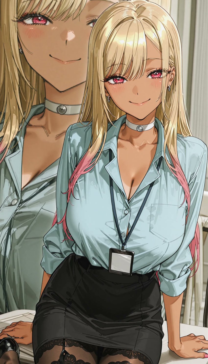 1girls blonde_hair blush breasts choker cleavage dark_skin earrings gyaru kitagawa_marin lipstick long_hair looking_at_viewer medium_breasts multicolored_hair nail_polish office_lady pantyhose pink_eyes sitting skirt smile sono_bisque_doll_wa_koi_wo_suru tanline tanlines