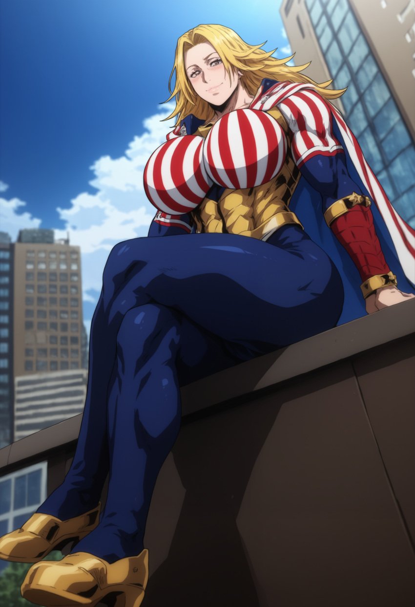 ai_generated big_ass big_breasts big_hips big_thighs blonde_hair bodysuit cameltoe female female_focus female_only huge_breasts kikia1 legs_crossed long_hair muscles muscular_female my_hero_academia patreon sitting star_and_stripe_(my_hero_academia) superheroine tagme tagme_(artist)