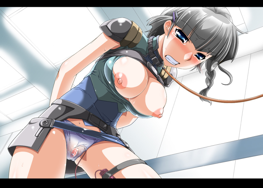 black_hair blue_eyes blush bondage bondage braid breasts clenched_teeth collar ebido female female grey_hair hair_ornament hairclip leash nipples seolla_schweizer side_braid silver_hair solo super_robot_wars tears vibrator