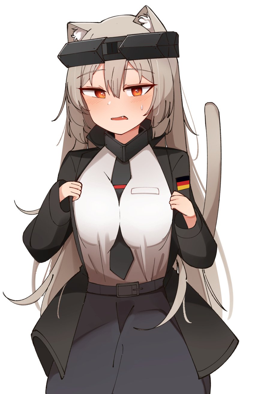 blush breast_squeeze cat_ears cat_tail german_flag horny leopard_2a6 neck_tie orange_eyes reta silver_hair slim sweating tight_clothing war_thunder