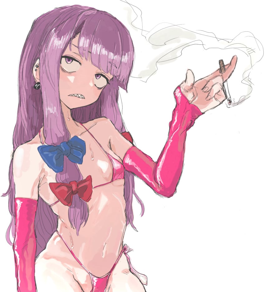 bags_under_eyes bikini blue_bow blunt_bangs bow cigarette commentary_request condom cookie_(touhou) covered_nipples cowboy_shot cum detached_sleeves earrings female fingernails flat_chest haburashi hairbow head_tilt highres holding holding_cigarette jewelry long_hair multiple_hair_bows navel patchouli_knowledge pink_bikini pink_sleeves purple_eyes purple_hair red_bow sharp_teeth simple_background smoking solo sweat swimsuit taisa_(cookie) teeth touhou used_condom very_long_hair white_background