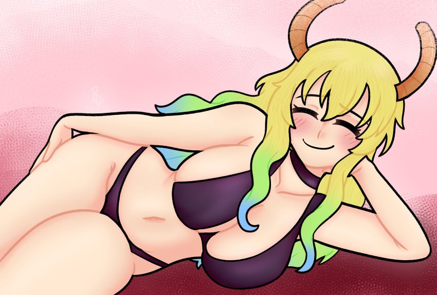 big_ass big_breasts blush closed_eyes dragon_girl hollowhusk horns huge_breasts lucoa miss_kobayashi's_dragon_maid plump swimsuit thick_thighs wavy_hair