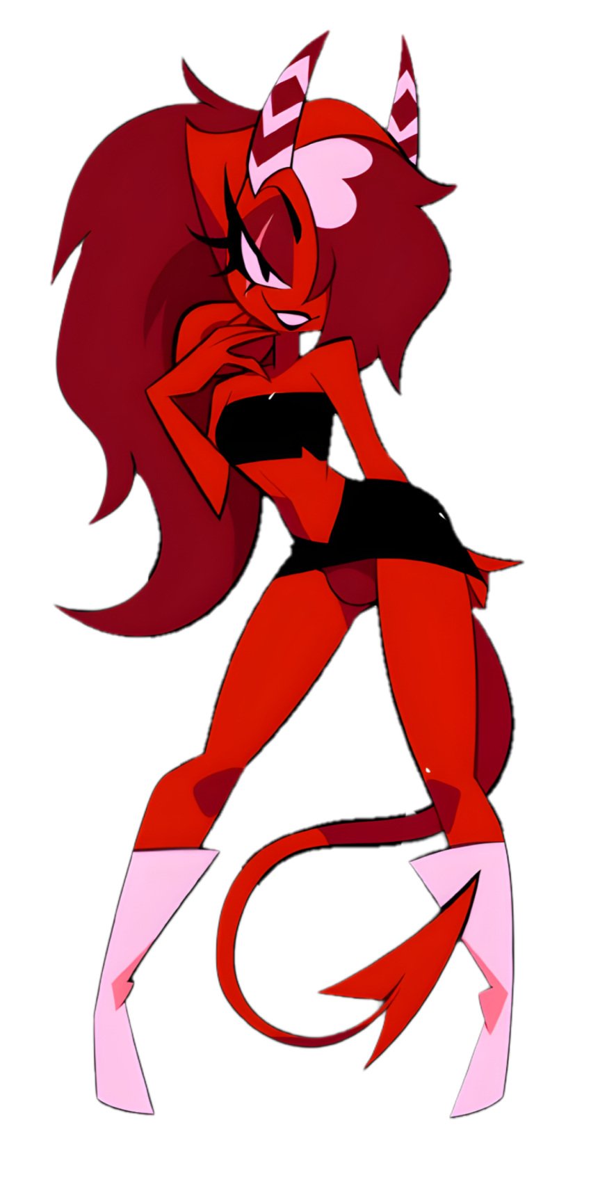 1futa bulge demon demon_girl dickgirl helluva_boss imp looking_at_viewer mythology official_art ponytail render sallie_may_(helluva_boss) solo tagme trans trans_woman transgender transparent_background transparent_png vivziepop