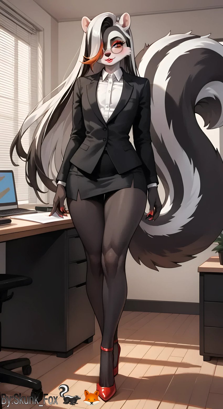 1boy ai_generated blush eyes femboy hair heels high larger_male lipstick looking_at_viewer one over skunk thick_thighs