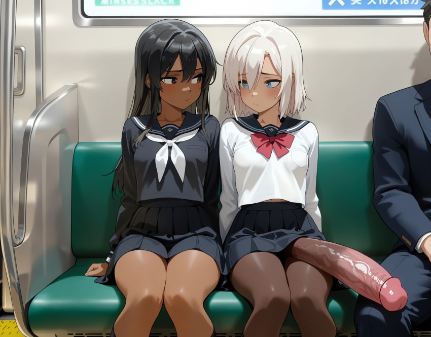 ai_generated exhibitionism exhibitionist exposed_penis futanari huge_cock huge_cock penis_under_skirt school_uniform train_interior