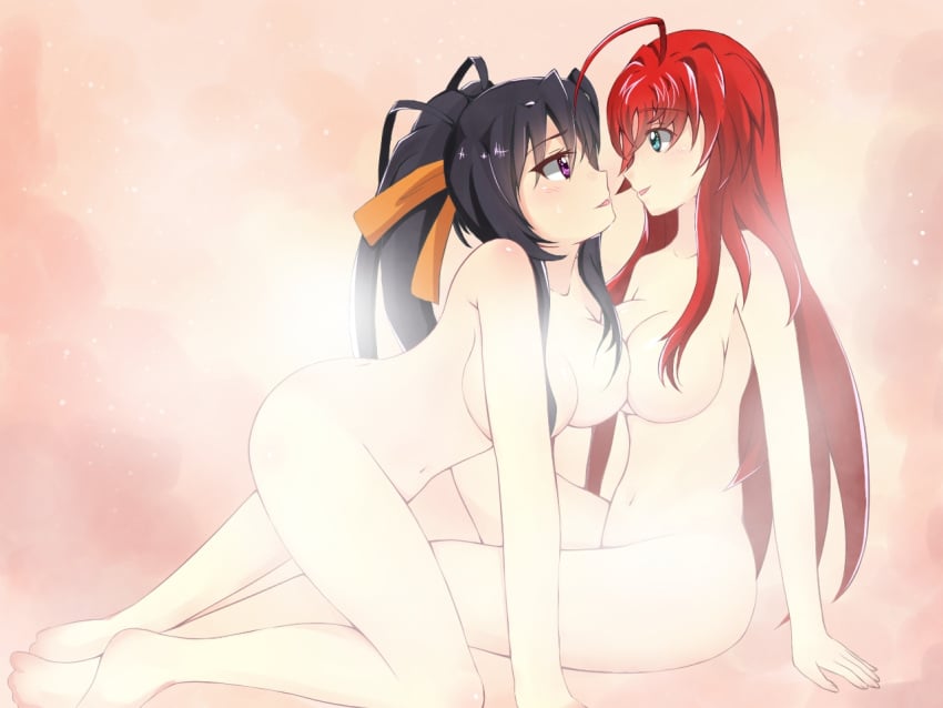 2girls ahoge akeno_himejima antenna_hair big_ass black_hair breasts_touching_each_other couple crimson_hair female_only hair_ribbon high_school_dxd large_breasts lesbian light_skin looking_at_each_other nude orange_ribbon ponytail rias_gremory sky_blue_eyes steam very_long_hair violet_eyes voluptuous yuri