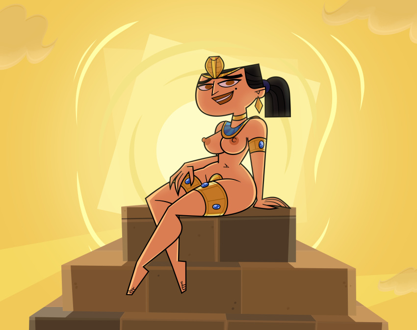 2d areolae beauty_mark big_breasts black_hair breasts brown_eyes busty dezetaka dzk egyptian erect_nipples eva_(tdi) female female_focus female_only full_body hourglass_figure long_hair navel nipples nude nude_female nudity pinup pinup_pose ponytail sitting total_drama_island wide_hips