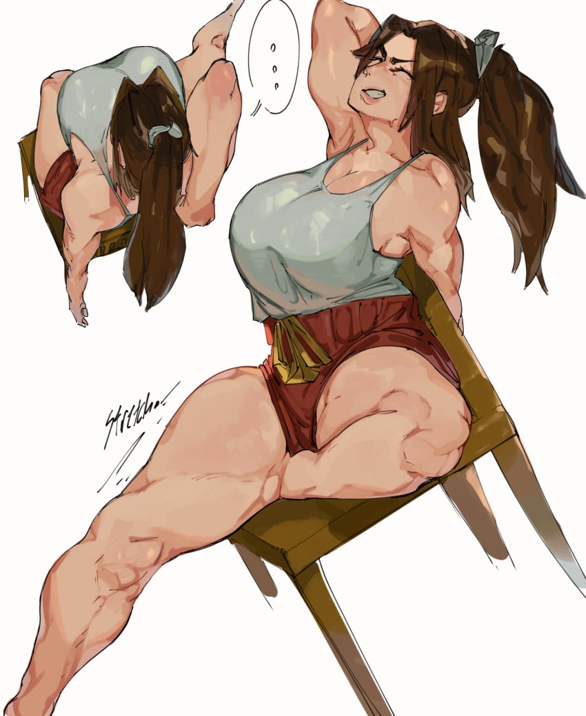 alternate_costume big_breasts booty_shorts breasts brown_hair brunette_hair casual chair cleavage closed_eyes clothed clothes clothing curvy curvy_female curvy_hips fatal_fury female female_focus female_only hair_tie hips human human_only king_of_fighters light-skinned_female light_skin long_hair mai_shiranui muscular muscular_female ponytail ryota_ravioli short_shorts shorts singlet sit sitting sitting_on_chair snk solo solo_female thick_hips thick_thighs thighs wide_hips