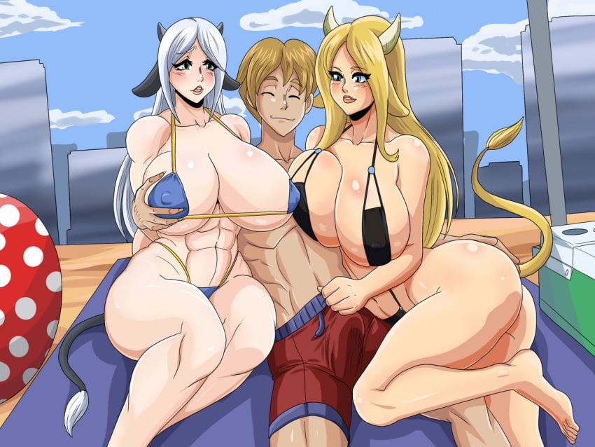 1boy2girls 2girls1boy big_ass big_breasts bikini blonde_hair breasts_bigger_than_head ccow_girl city_background cow_horns erect_nipples_under_bikini grope groping_ass hand_on_breast hand_on_butt multiple_girls muscles muscular_female muscular_male