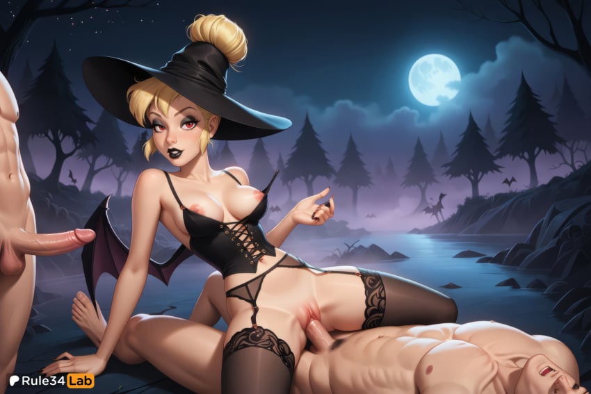 1girls 2boys ai_generated artist_name bat_\(animal\) bat_wings black_headwear black_lips black_nails black_thighhighs blonde_hair blue_eyes breasts clothed_female_nude_male corset cowgirl_position disney fairy fairy_wings full_moon garter_belt group_sex halloween hat hi_res lipstick makeup medium_breasts mmf_threesome moon multiple_boys navel night night_sky nipples nude outdoors penis peter_pan_(disney) ponytail pussy red_eyes rule34lab sex sky solo_focus straddling straight testicles thighhighs threesome tinker_bell tree uncensored vaginal_penetration vampire water wings witch_hat