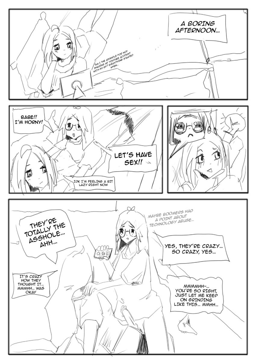 ambiguous_penetration bored bored_expression bored_sex clothed clothed_sex comic comic_page emotionless emotionless_female emotionless_sex english english_text funny glasses lesbian_sex long_hair tik_tok tiktok yuri yuri