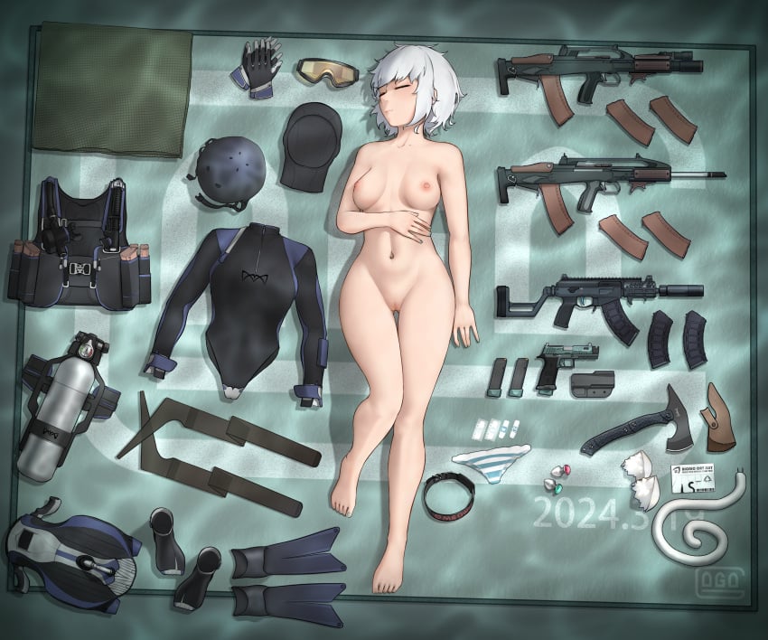 1girls absurdres ads_assault_rifle assault_rifle axe barefoot black_wetsuit bodysuit breasts bullpup collar completely_nude completely_nude_female diving_suit equipment_layout female female_only flippers frogman full_body galil_ace gloves goggles gogo_(gogo_23) gun handgun helmet highres load_bearing_vest magazine_(weapon) naked naked_female nipples nude nude_female original oxygen_tank panties pussy rifle sig_sauer sig_sauer_p320 solo solo_female striped_clothes striped_panties submachine_gun underwear weapon wetsuit white_hair